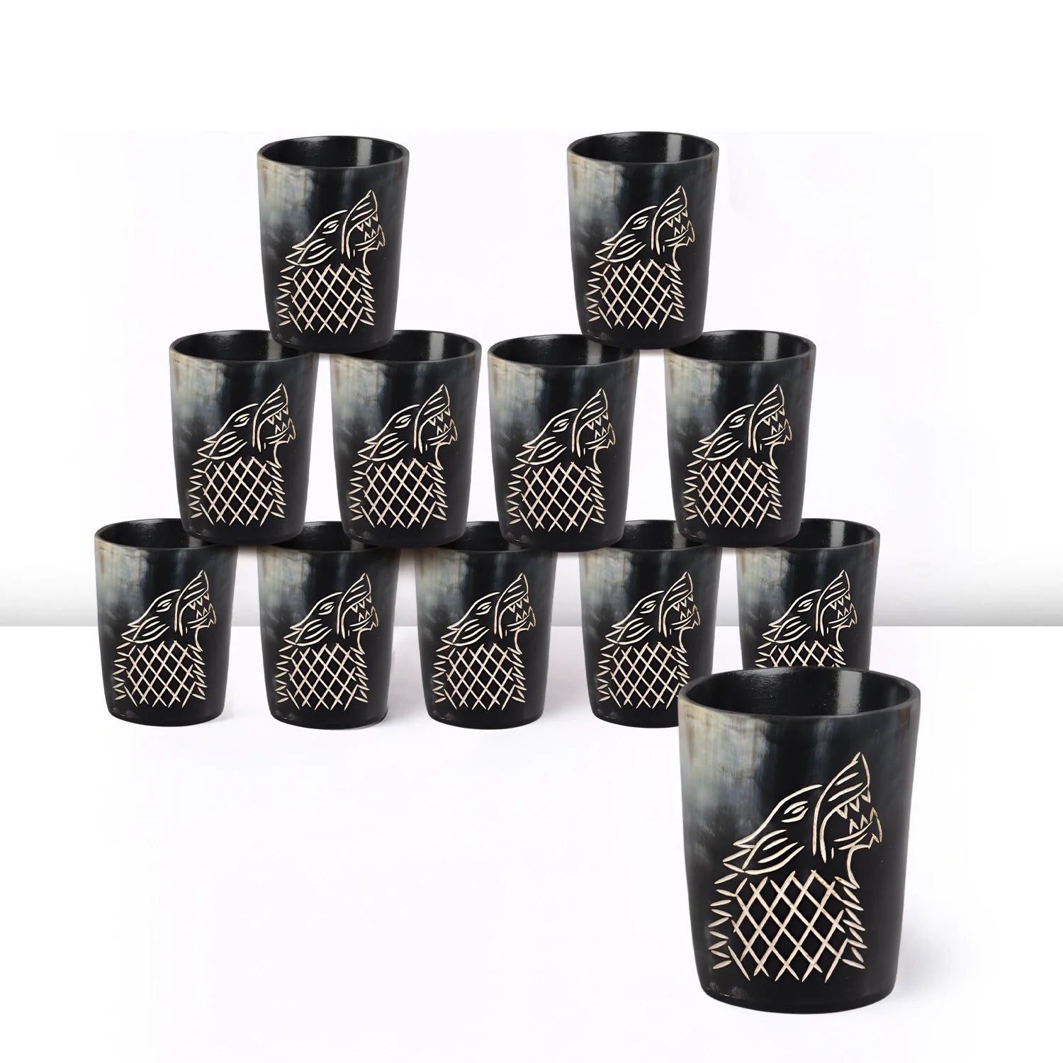 Whiskey Shot Cups Set Viking Wolf Pattern Real Ox Horn 6.5 oz, Pack 4, 8 &amp; 12