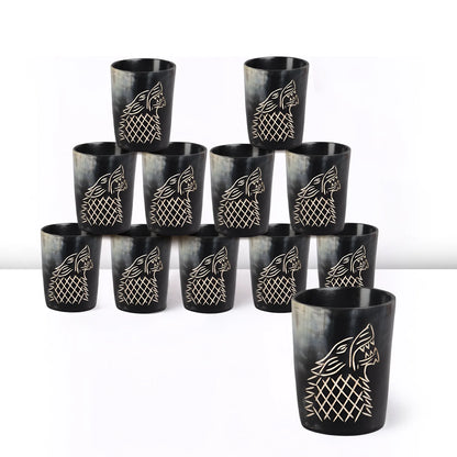 Whiskey Shot Cups Set Viking Wolf Pattern Real Ox Horn 6.5 oz, Pack 4, 8 &amp; 12