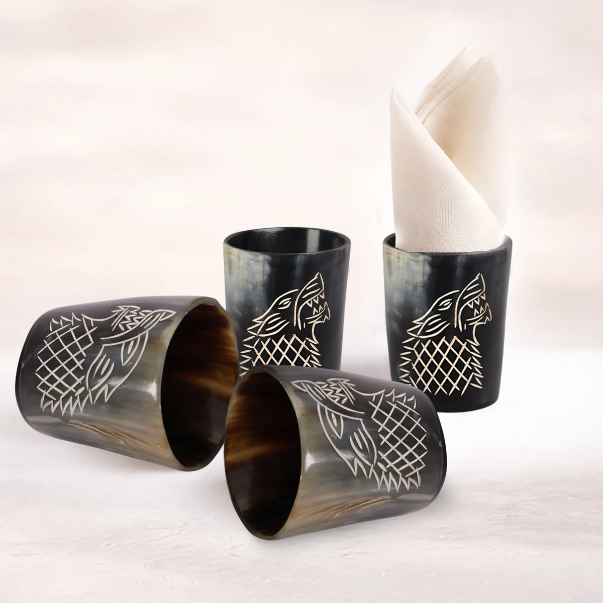 Whiskey Shot Cups Set Viking Wolf Pattern Real Ox Horn 6.5 oz, Pack 4, 8 &amp; 12