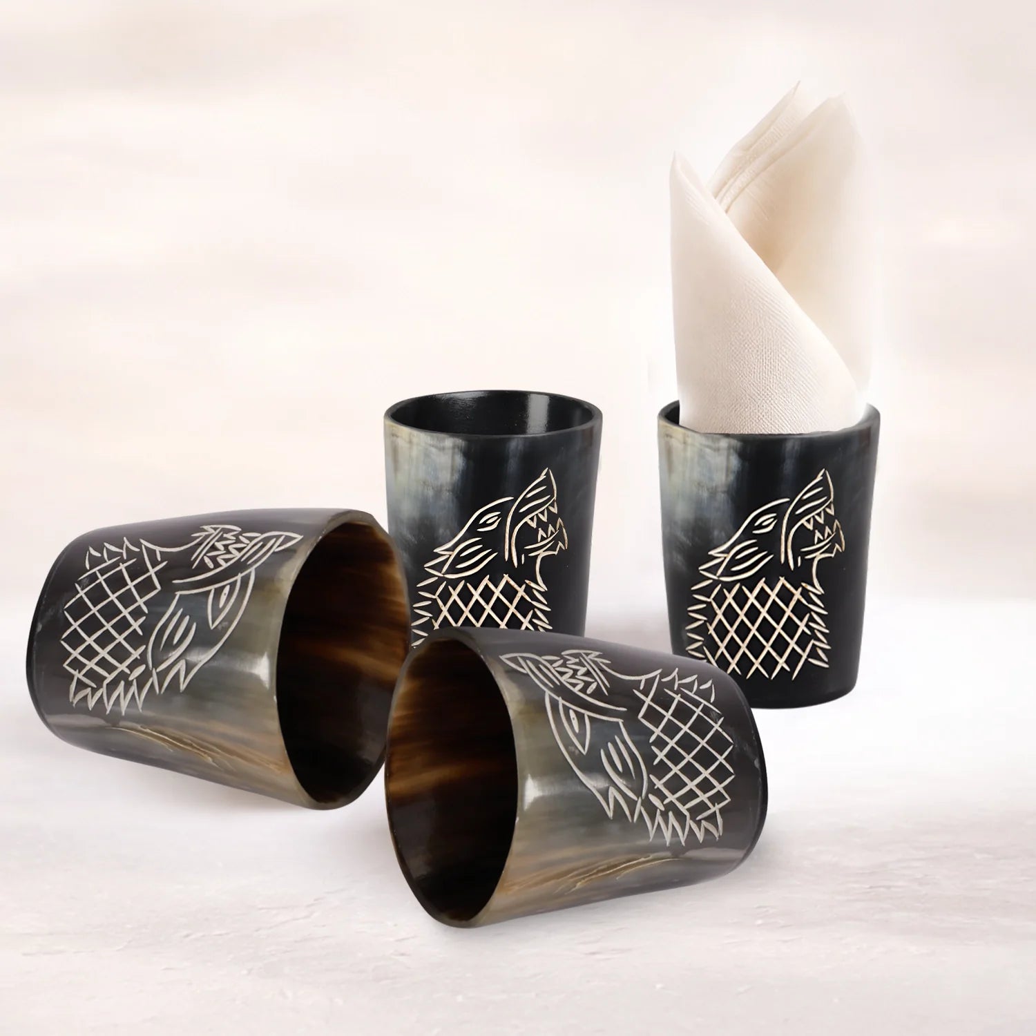 Whiskey Shot Cups Set Viking Wolf Pattern Real Ox Horn 6.5 oz, Pack 4, 8 &amp; 12