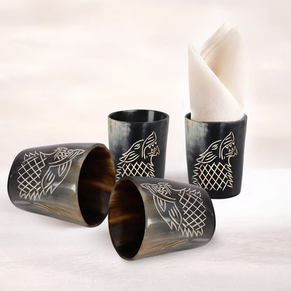 Whiskey Shot Cups Set Viking Wolf Pattern Real Ox Horn 6.5 oz, Pack 4, 8 &amp; 12