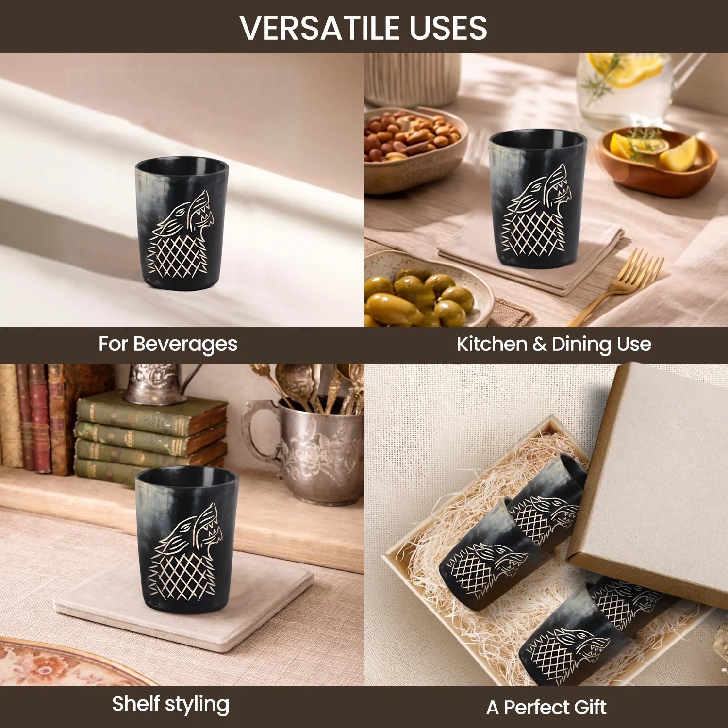 Whiskey Shot Cups Set Viking Wolf Pattern Real Ox Horn 6.5 oz, Pack 4, 8 &amp; 12