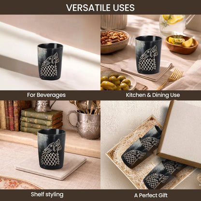 Whiskey Shot Cups Set Viking Wolf Pattern Real Ox Horn 6.5 oz, Pack 4, 8 &amp; 12
