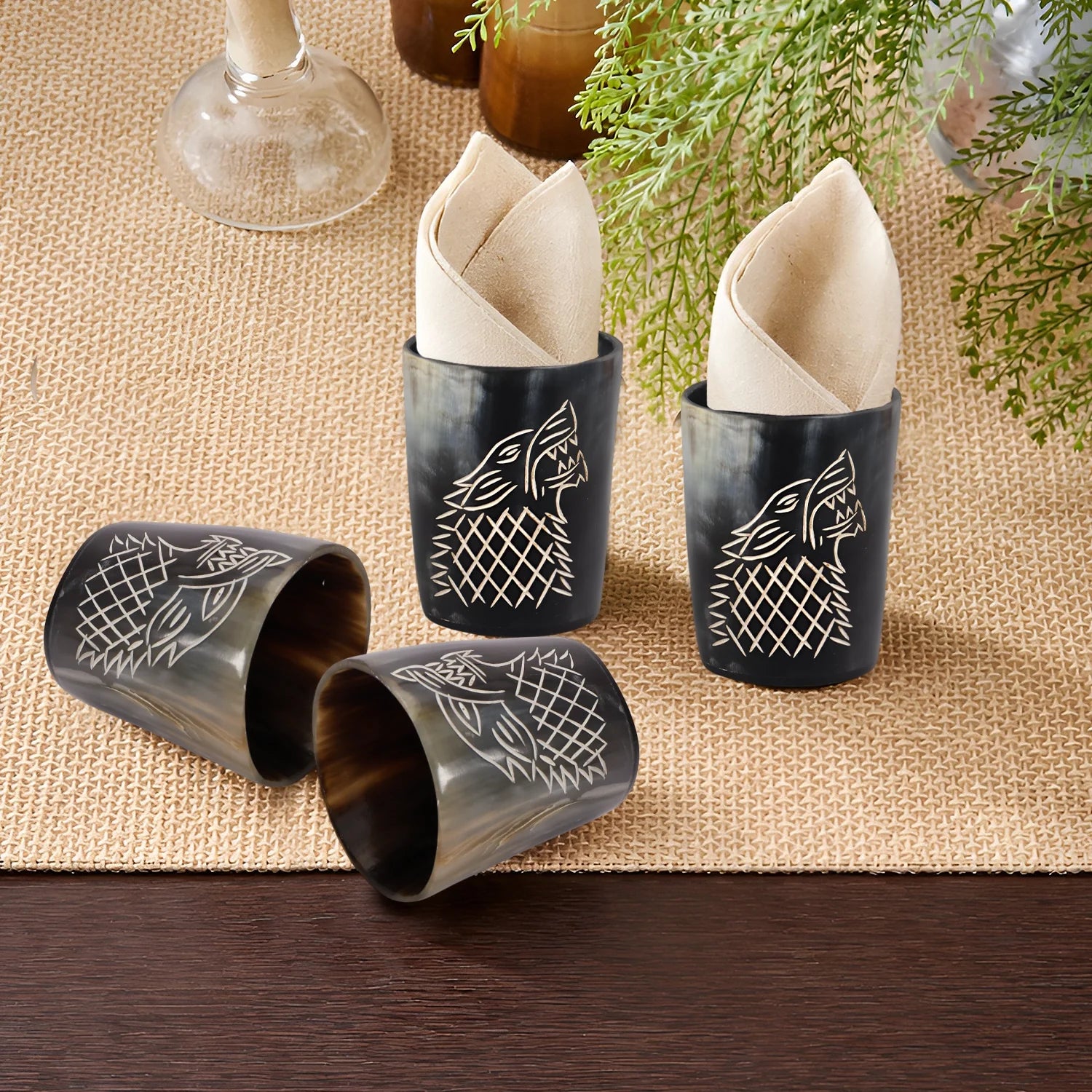 Whiskey Shot Cups Set Viking Wolf Pattern Real Ox Horn 6.5 oz, Pack 4, 8 &amp; 12