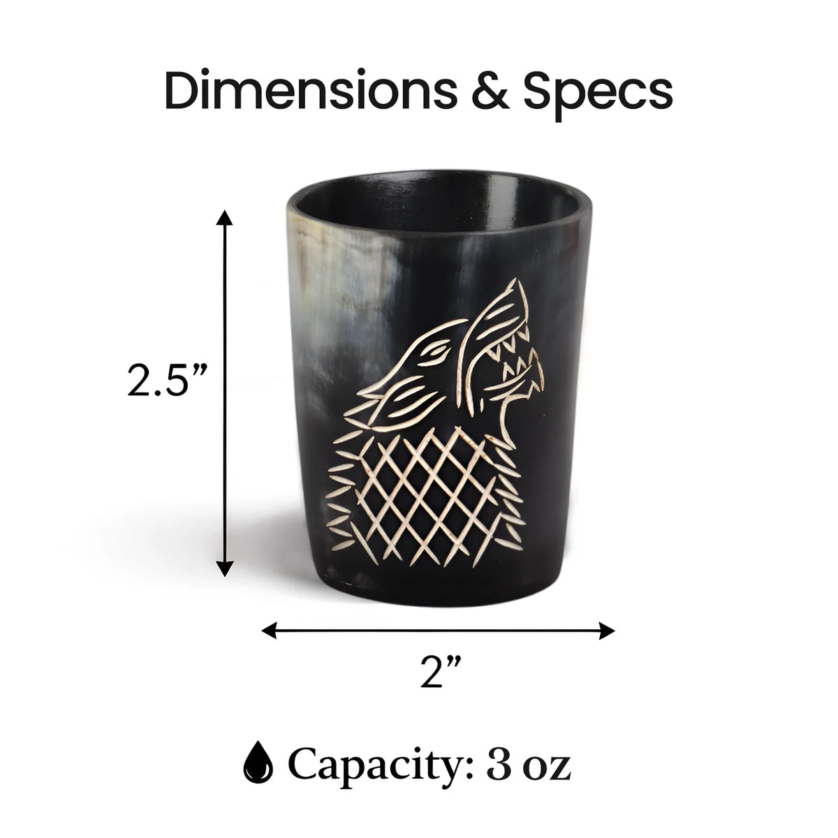 Whiskey Shot Cups Set Viking Wolf Pattern Real Ox Horn 6.5 oz, Pack 4, 8 &amp; 12
