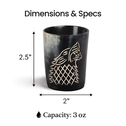 Whiskey Shot Cups Set Viking Wolf Pattern Real Ox Horn 6.5 oz, Pack 4, 8 &amp; 12
