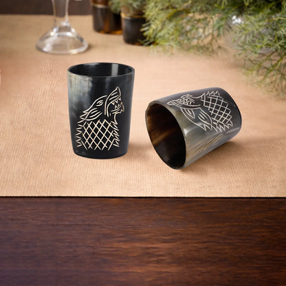 Whiskey Shot Cups Set Viking Wolf Pattern Real Ox Horn 6.5 oz, Pack 4, 8 &amp; 12