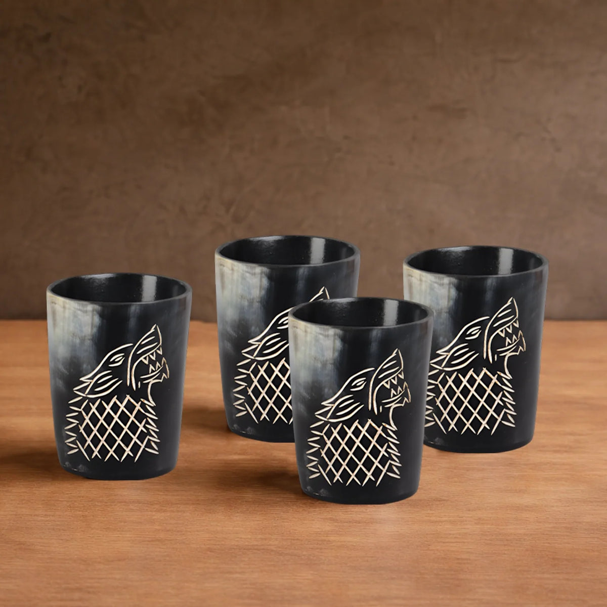 Whiskey Shot Cups Set Viking Wolf Pattern Real Ox Horn 6.5 oz, Pack 4, 8 &amp; 12
