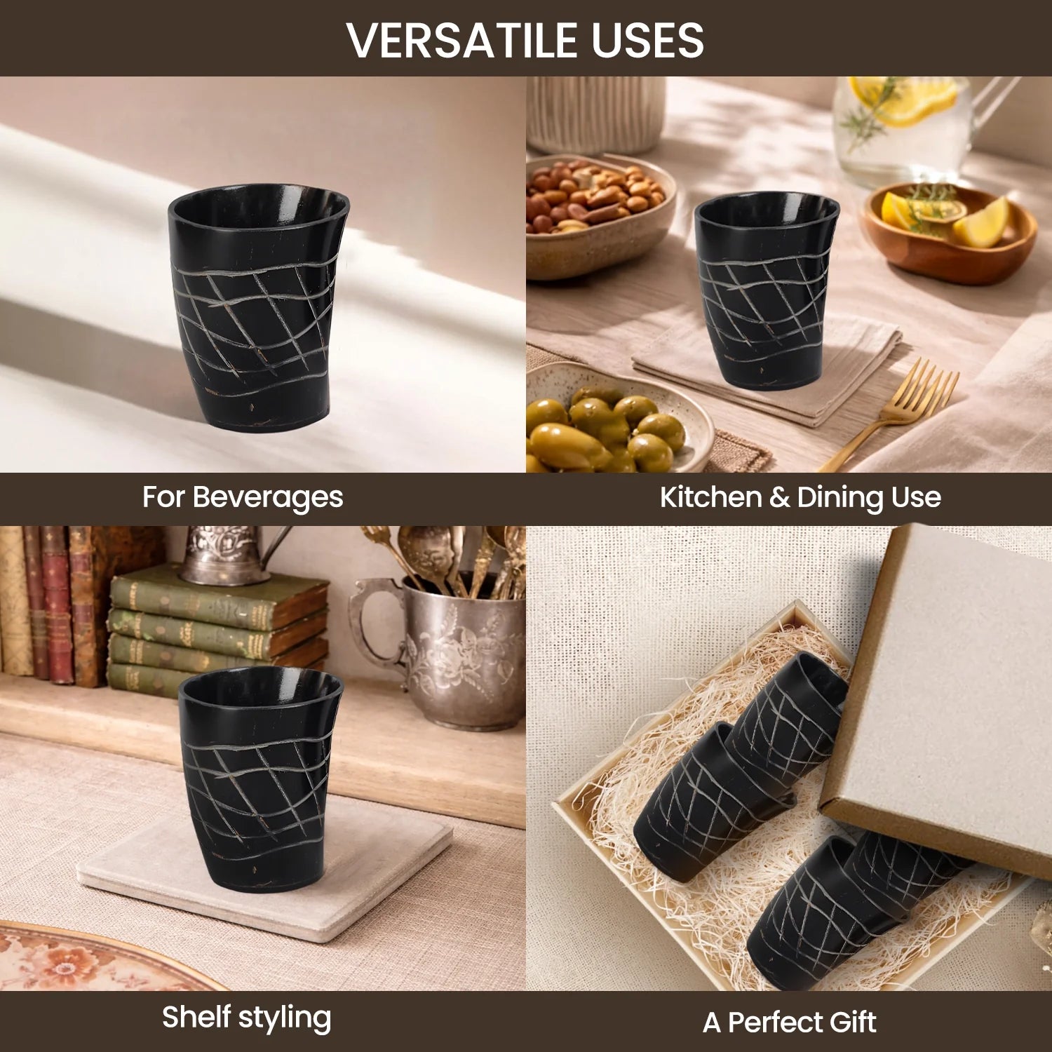 Whiskey Shot Cups Set Web Pattern Real Ox Horn 6.5 oz, Pack 4, 8 &amp; 12
