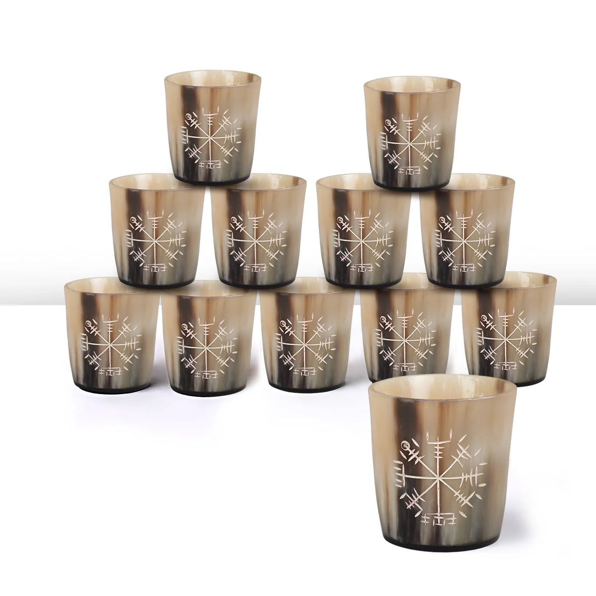 Whiskey Shot Cups Set Wayfinder Pattern Real Ox Horn 6.5 oz, Pack 4, 8 &amp; 12