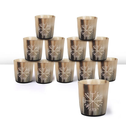 Whiskey Shot Cups Set Wayfinder Pattern Real Ox Horn 6.5 oz, Pack 4, 8 &amp; 12