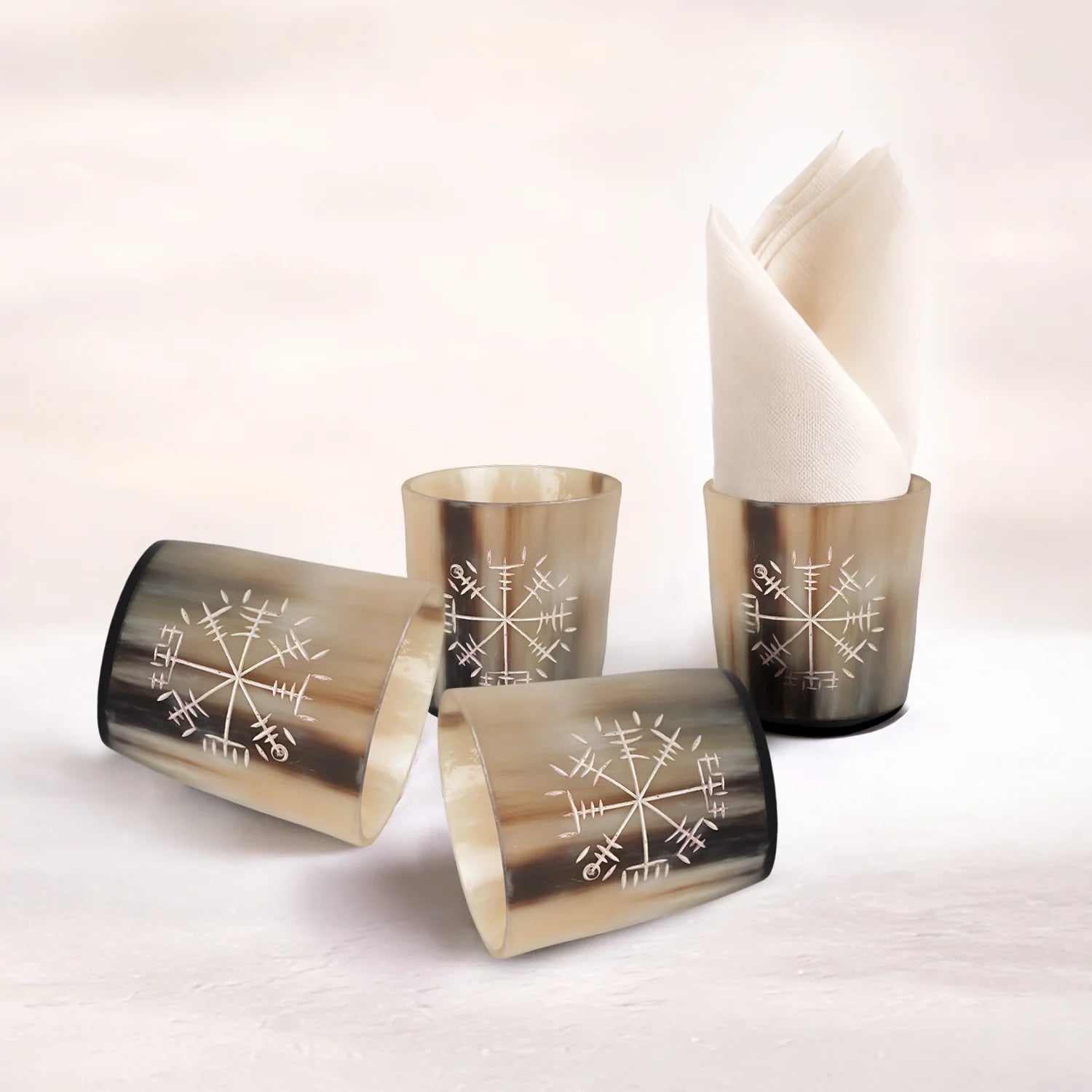 Whiskey Shot Cups Set Wayfinder Pattern Real Ox Horn 6.5 oz, Pack 4, 8 &amp; 12