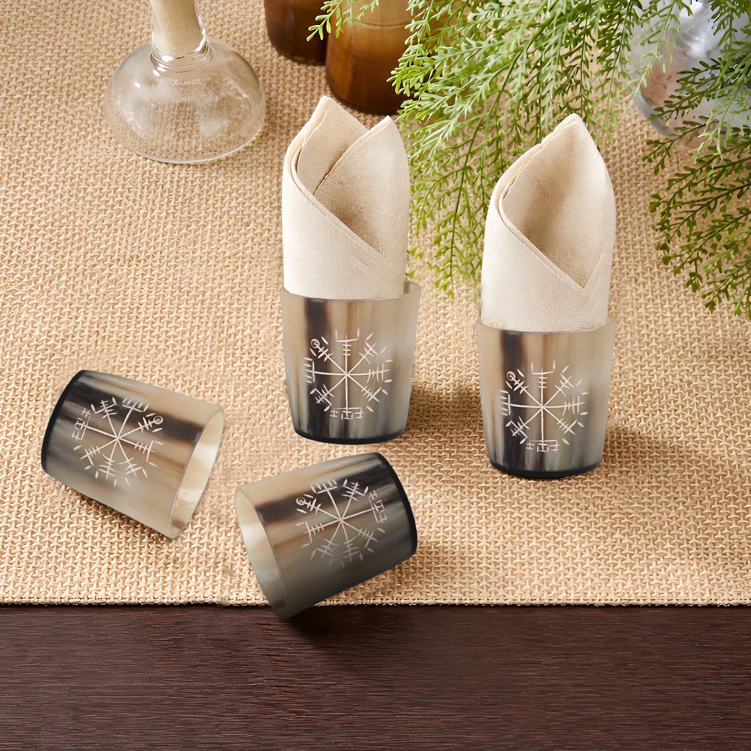 Whiskey Shot Cups Set Wayfinder Pattern Real Ox Horn 6.5 oz, Pack 4, 8 &amp; 12