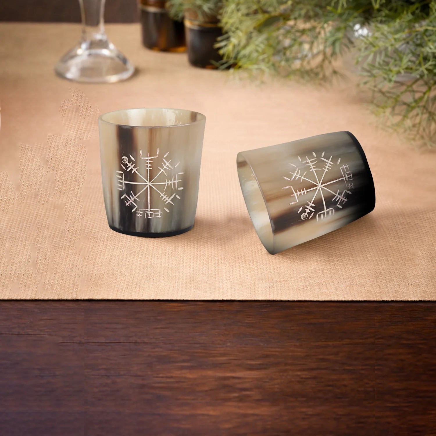 Whiskey Shot Cups Set Wayfinder Pattern Real Ox Horn 6.5 oz, Pack 4, 8 &amp; 12