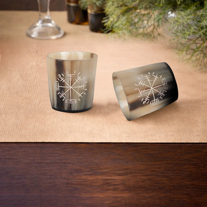 Whiskey Shot Cups Set Wayfinder Pattern Real Ox Horn 6.5 oz, Pack 4, 8 &amp; 12