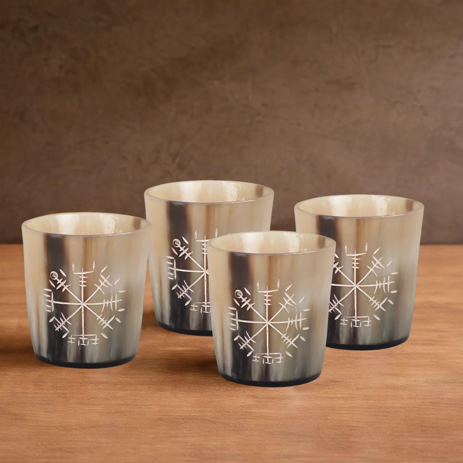Whiskey Shot Cups Set Wayfinder Pattern Real Ox Horn 6.5 oz, Pack 4, 8 &amp; 12