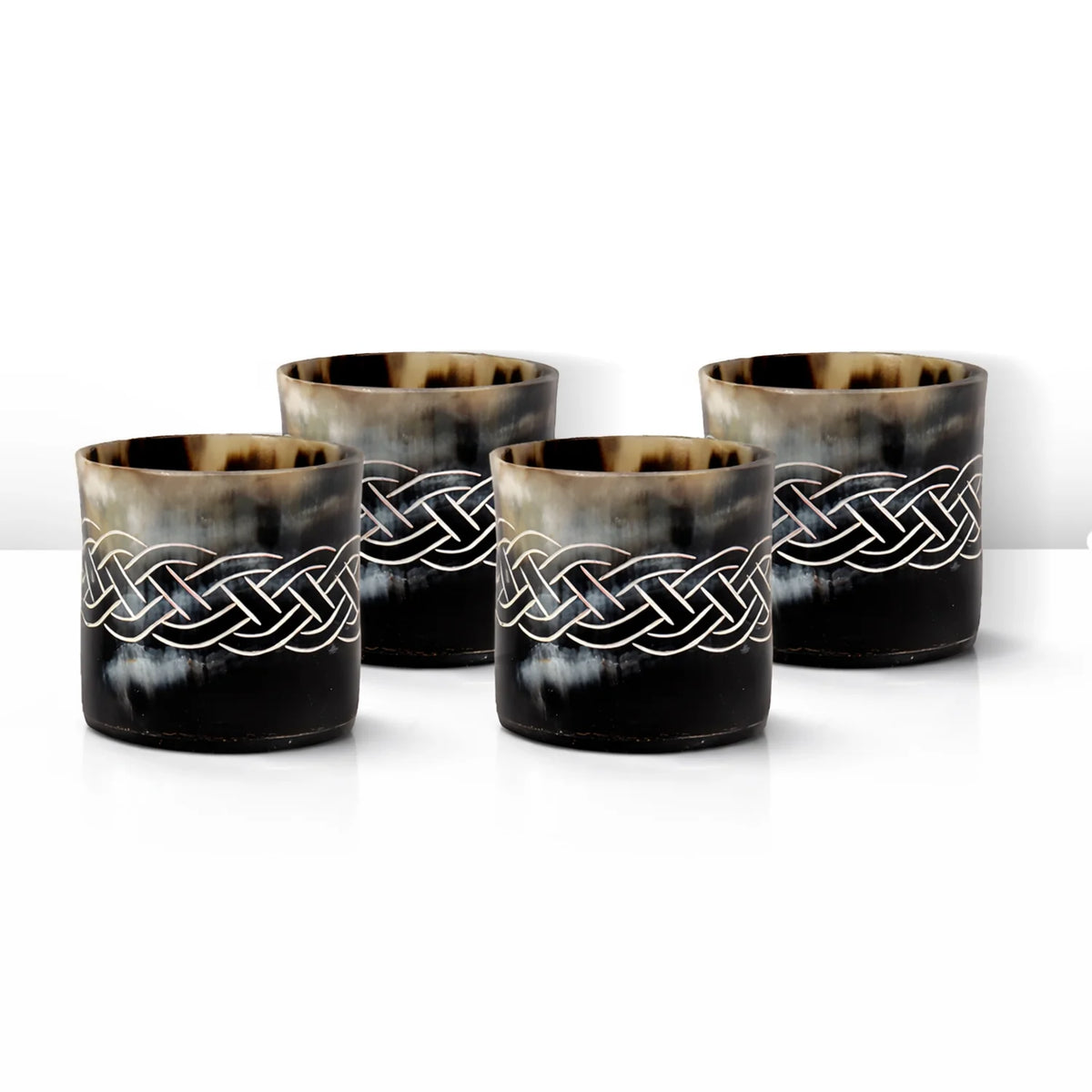 Whiskey Shot Cups Set Knot Pattern Real Ox Horn 6.5 oz, Pack 4, 8 &amp; 12
