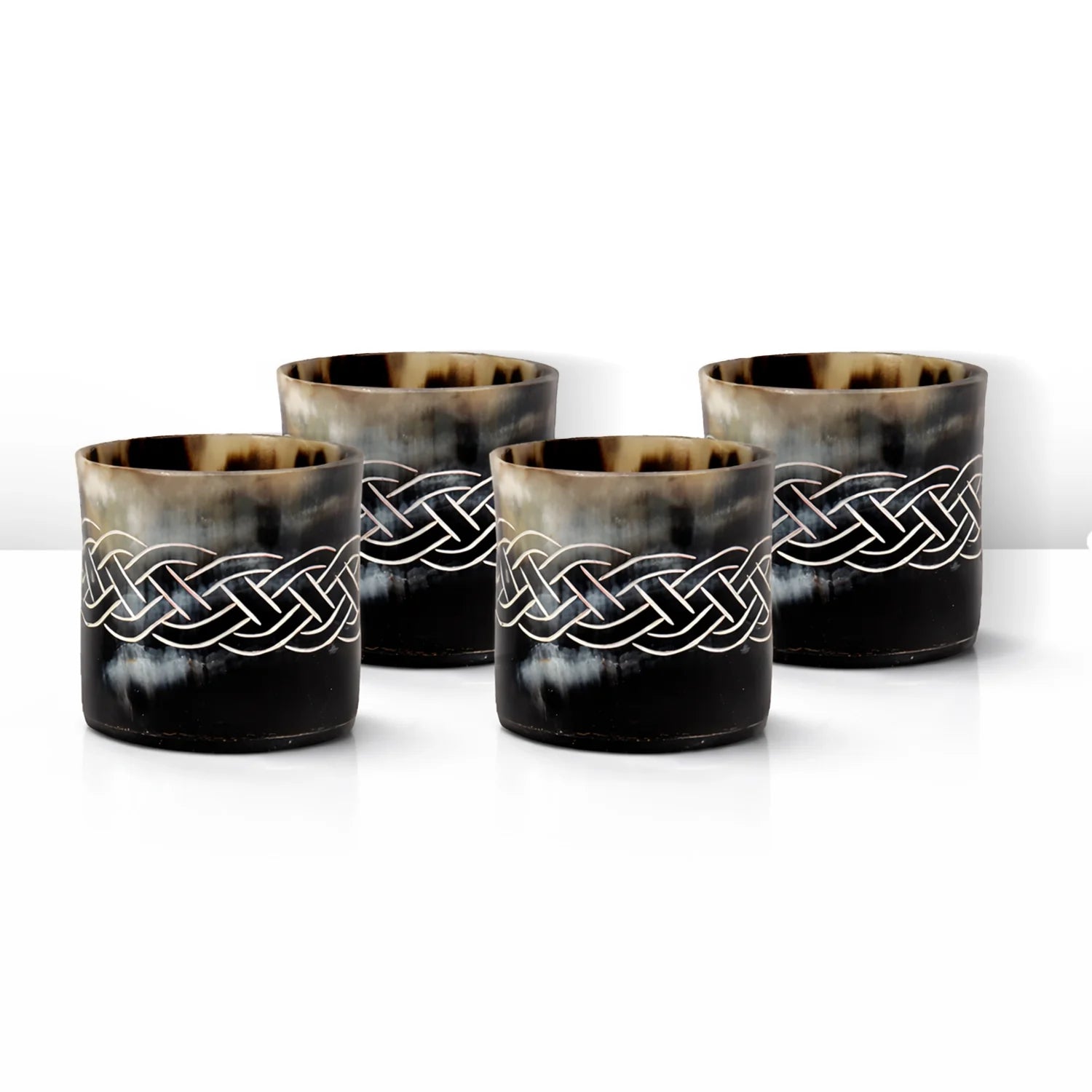Whiskey Shot Cups Set Knot Pattern Real Ox Horn 6.5 oz, Pack 4, 8 &amp; 12