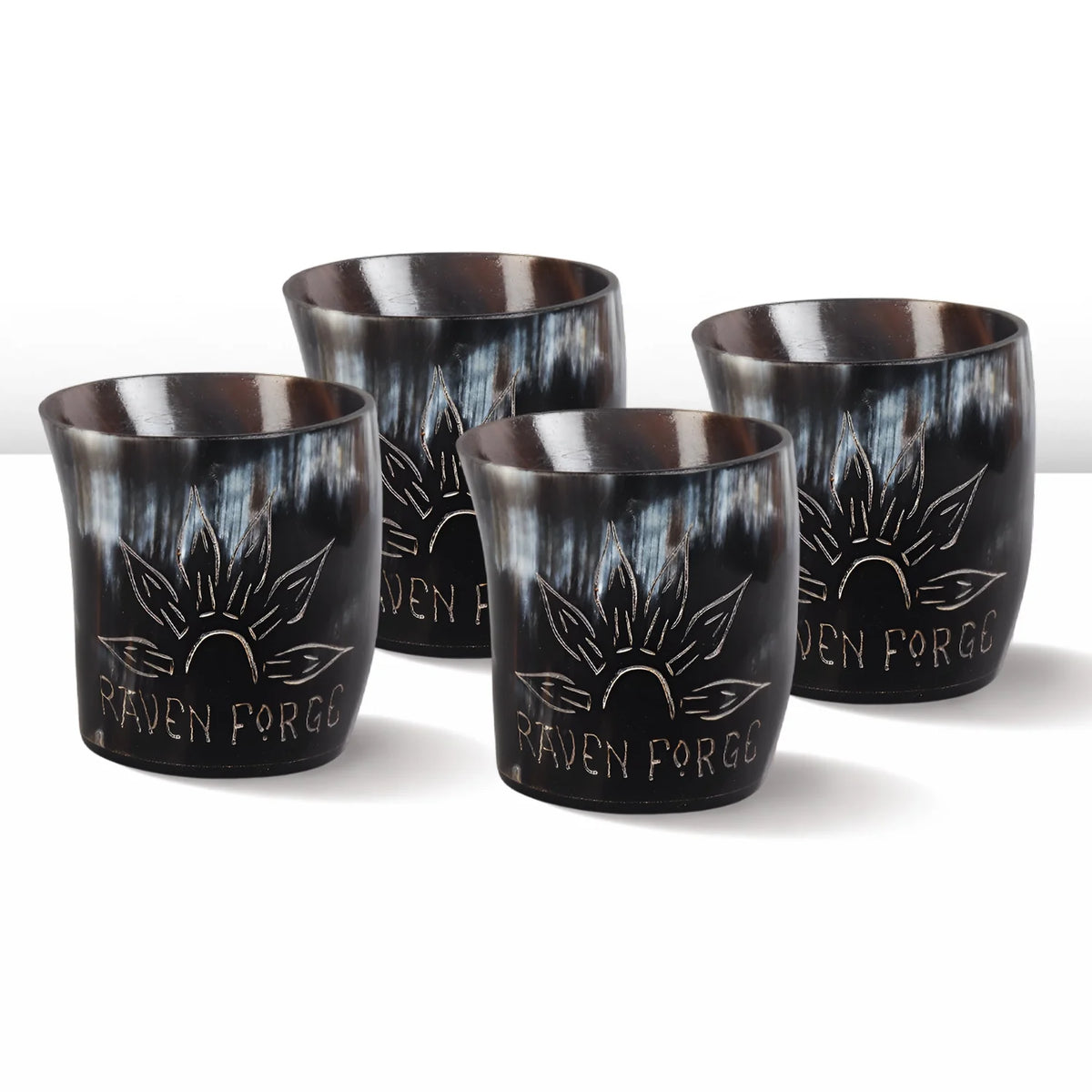 Whiskey Shot Cups Set Sunburst Pattern Real Ox Horn 6.5 oz, Pack 4, 8 &amp; 12