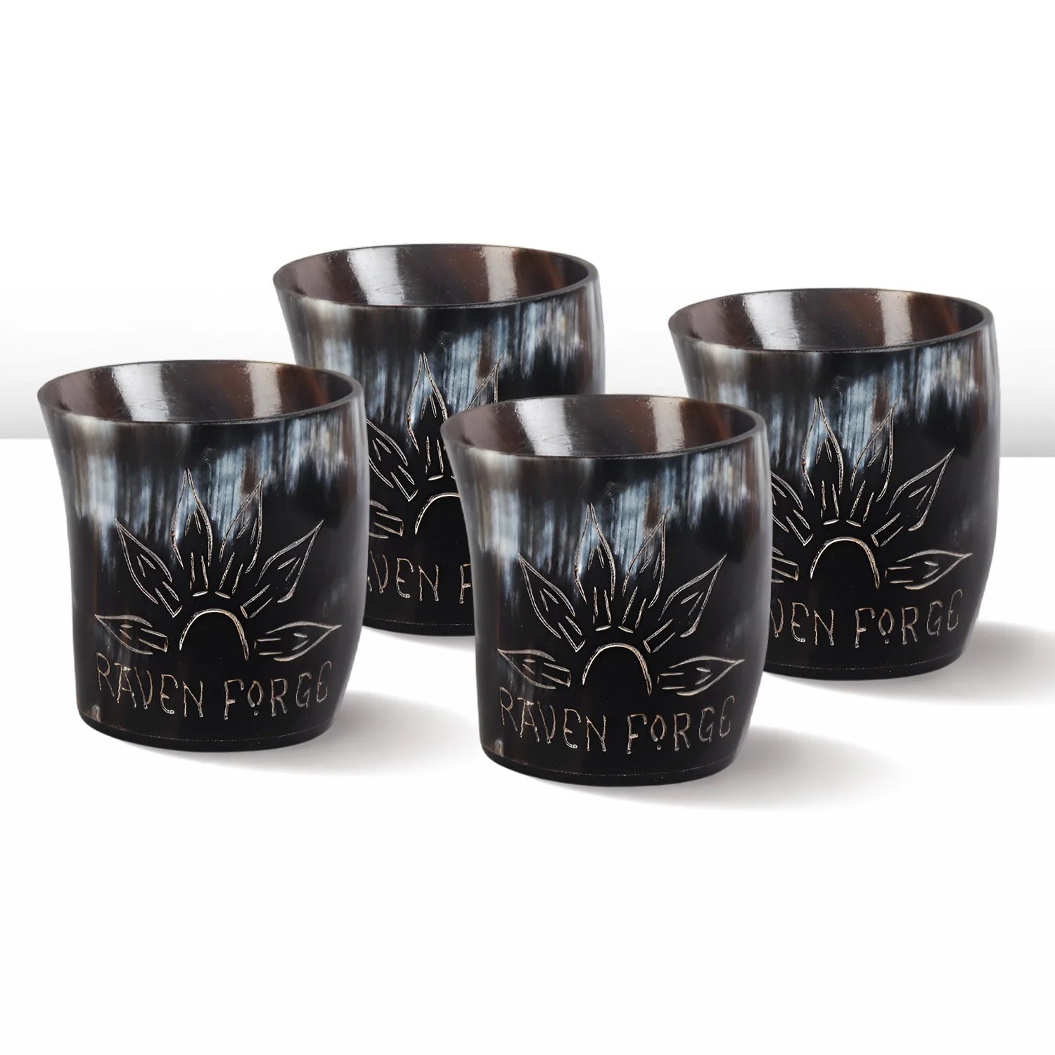 Whiskey Shot Cups Set Sunburst Pattern Real Ox Horn 6.5 oz, Pack 4, 8 &amp; 12