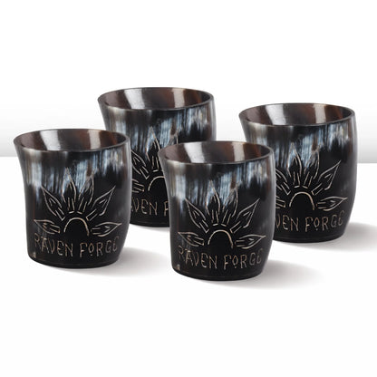 Whiskey Shot Cups Set Sunburst Pattern Real Ox Horn 6.5 oz, Pack 4, 8 &amp; 12