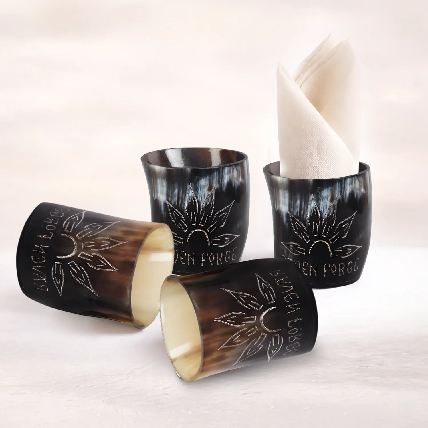 Whiskey Shot Cups Set Sunburst Pattern Real Ox Horn 6.5 oz, Pack 4, 8 &amp; 12