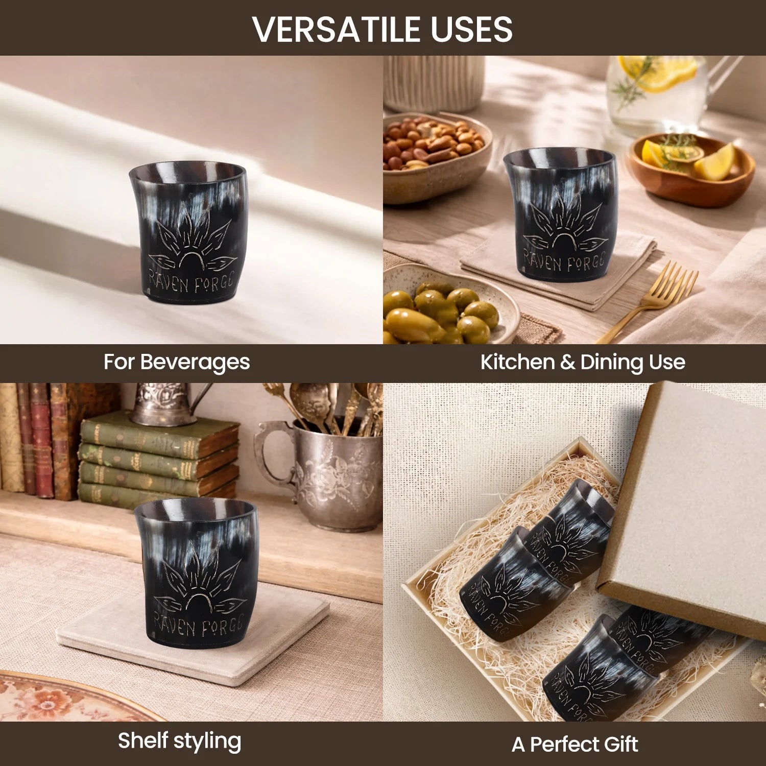 Whiskey Shot Cups Set Sunburst Pattern Real Ox Horn 6.5 oz, Pack 4, 8 &amp; 12
