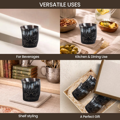 Whiskey Shot Cups Set Sunburst Pattern Real Ox Horn 6.5 oz, Pack 4, 8 &amp; 12