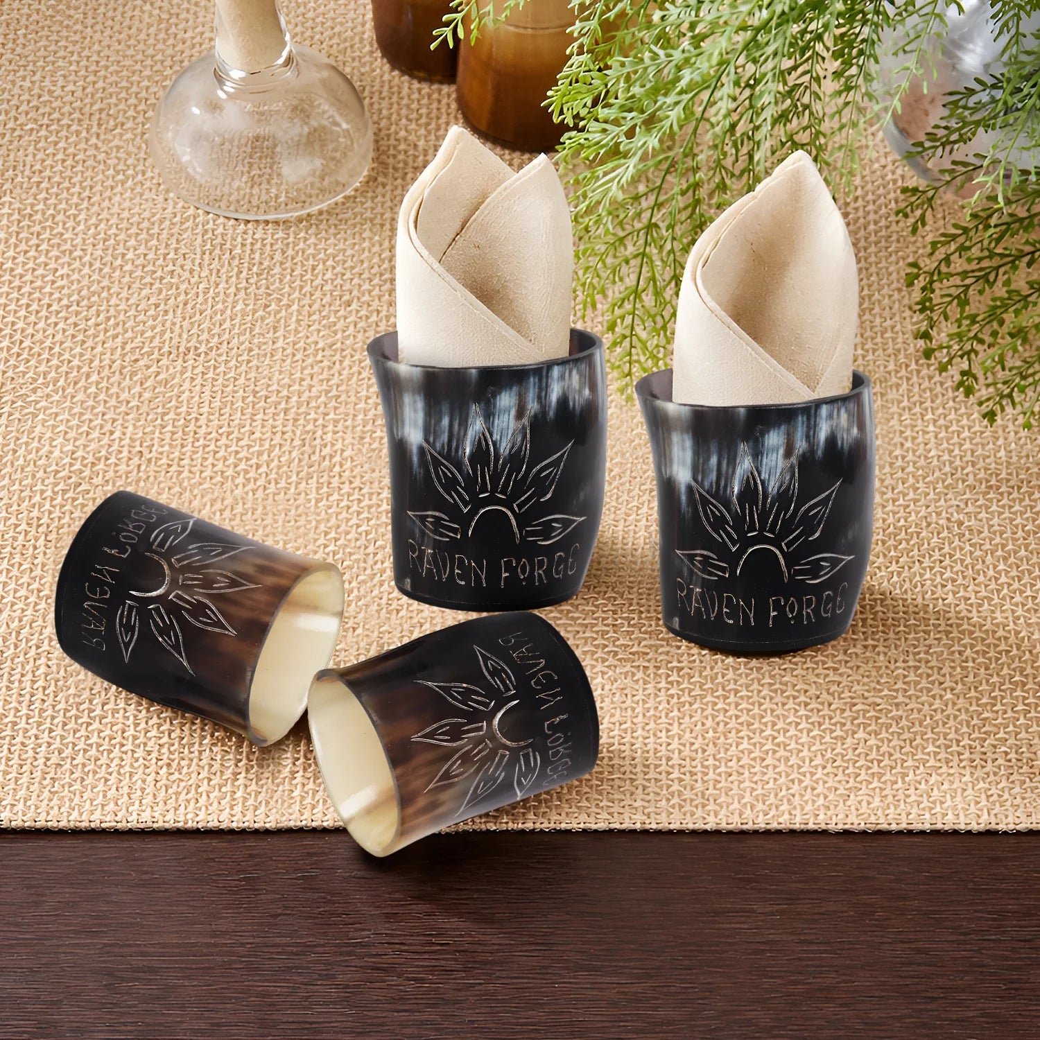 Whiskey Shot Cups Set Sunburst Pattern Real Ox Horn 6.5 oz, Pack 4, 8 &amp; 12