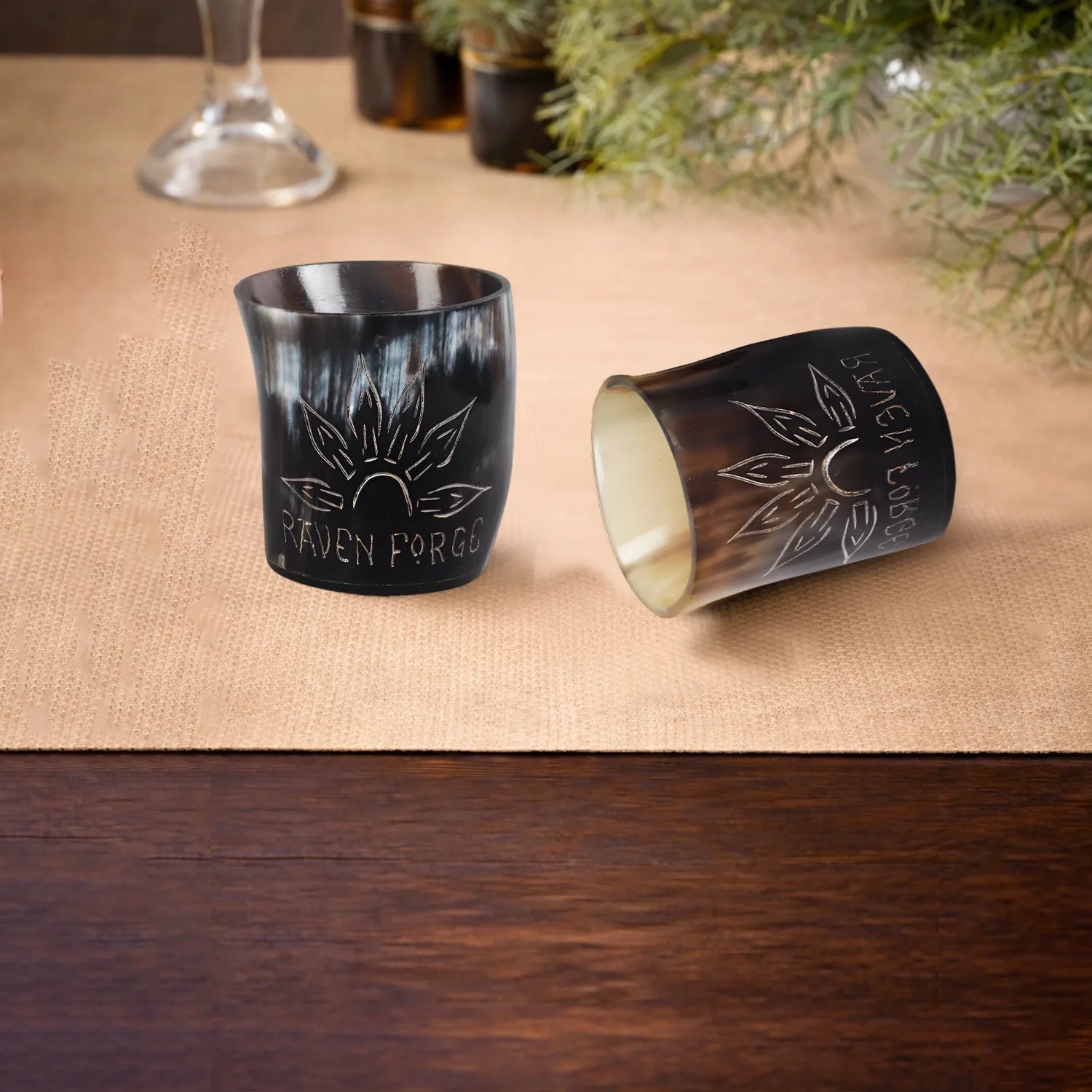 Whiskey Shot Cups Set Sunburst Pattern Real Ox Horn 6.5 oz, Pack 4, 8 &amp; 12