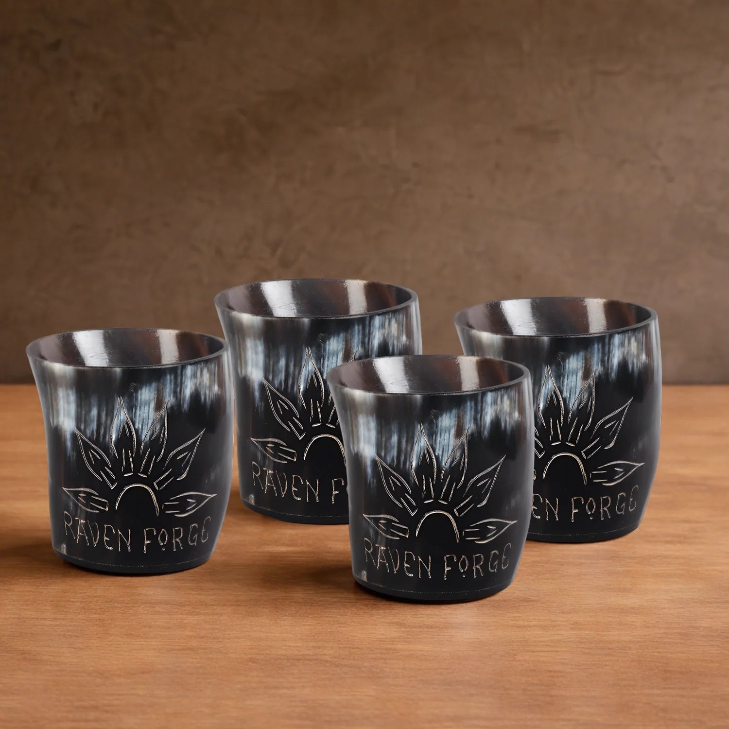 Whiskey Shot Cups Set Sunburst Pattern Real Ox Horn 6.5 oz, Pack 4, 8 &amp; 12