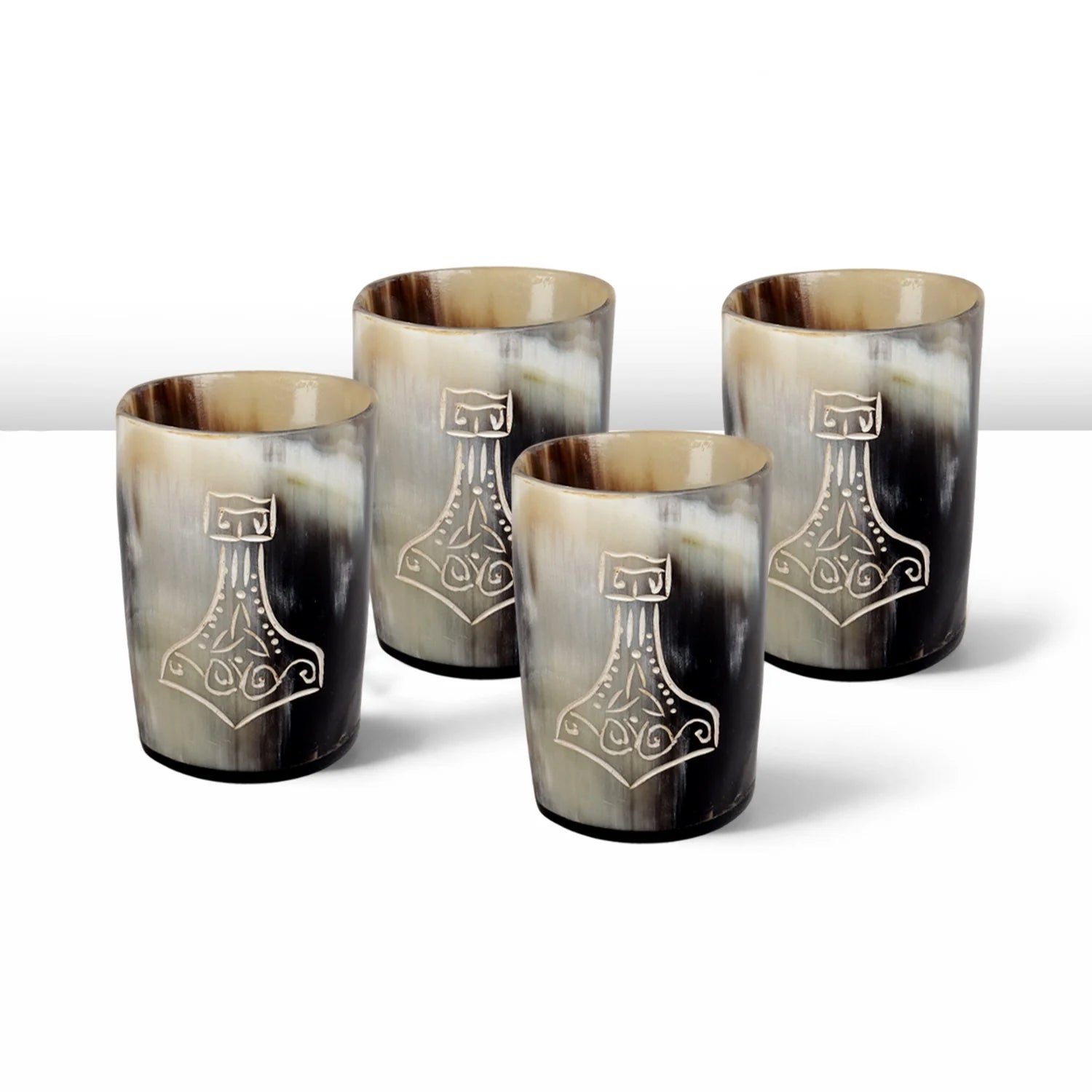 Whiskey Shot Cups Set Nordic Hammer Pattern Real Ox Horn 6.5 oz, Pack 4, 8 &amp; 12