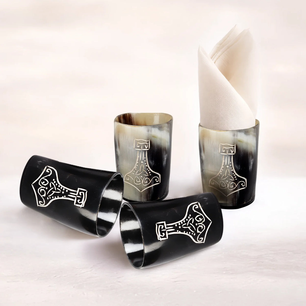 Whiskey Shot Cups Set Nordic Hammer Pattern Real Ox Horn 6.5 oz, Pack 4, 8 &amp; 12