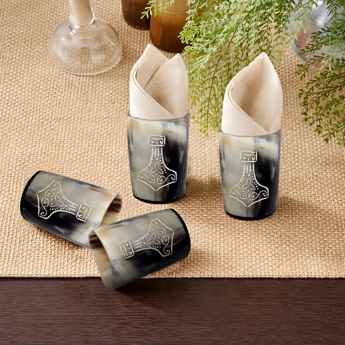 Whiskey Shot Cups Set Nordic Hammer Pattern Real Ox Horn 6.5 oz, Pack 4, 8 &amp; 12
