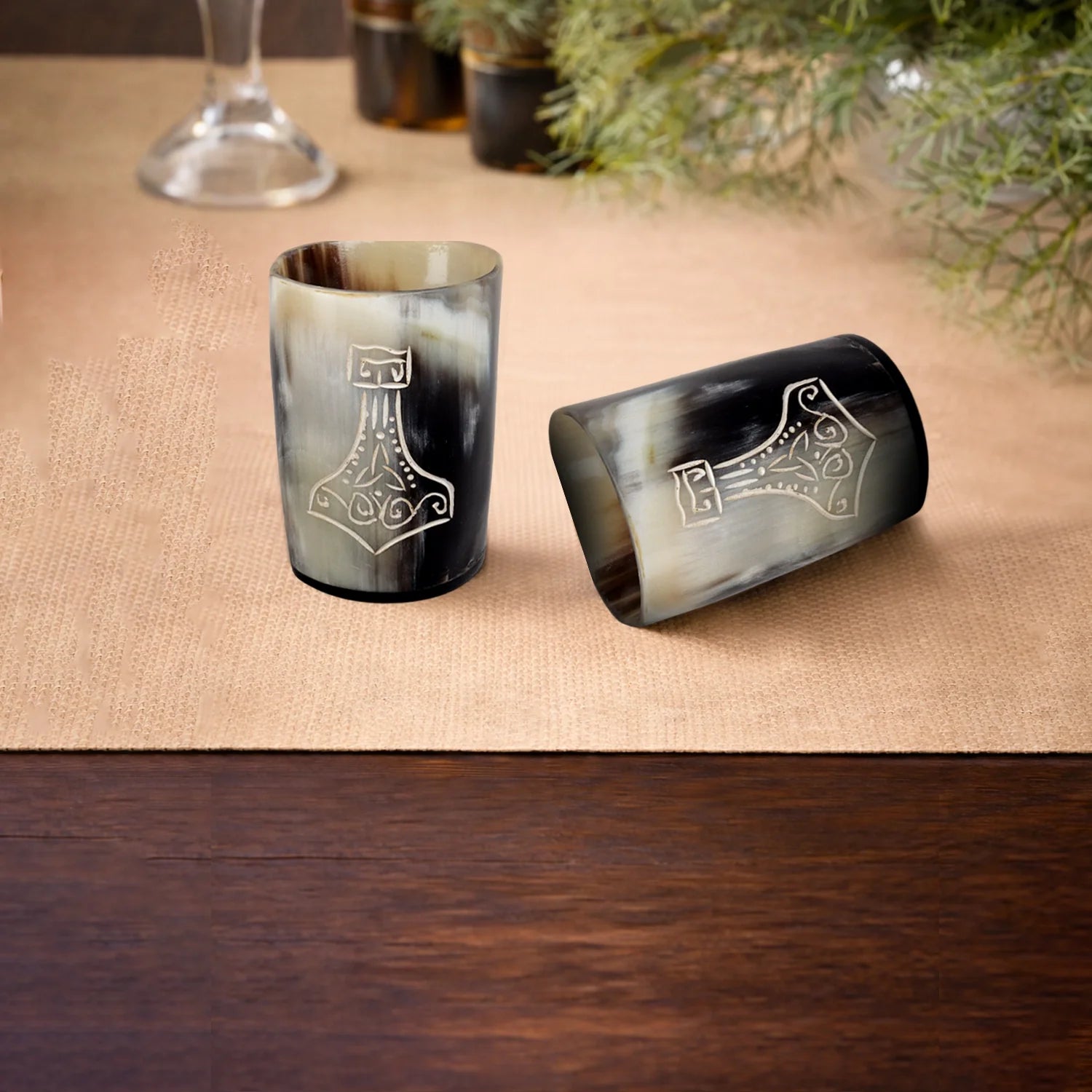 Whiskey Shot Cups Set Nordic Hammer Pattern Real Ox Horn 6.5 oz, Pack 4, 8 &amp; 12