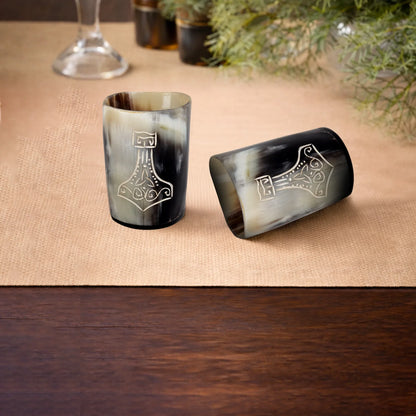 Whiskey Shot Cups Set Nordic Hammer Pattern Real Ox Horn 6.5 oz, Pack 4, 8 &amp; 12