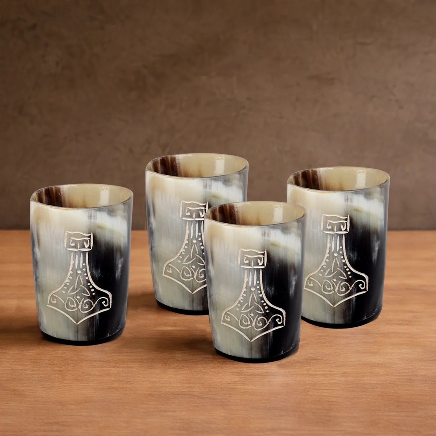 Whiskey Shot Cups Set Nordic Hammer Pattern Real Ox Horn 6.5 oz, Pack 4, 8 &amp; 12