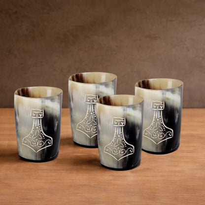 Whiskey Shot Cups Set Nordic Hammer Pattern Real Ox Horn 6.5 oz, Pack 4, 8 &amp; 12