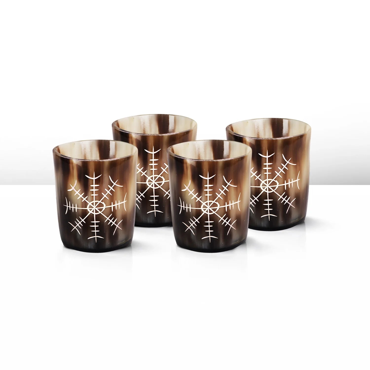 Whiskey Shot Cups Set Nordic Compass Pattern Real Ox Horn 6.5 oz, Pack 4, 8 &amp; 12