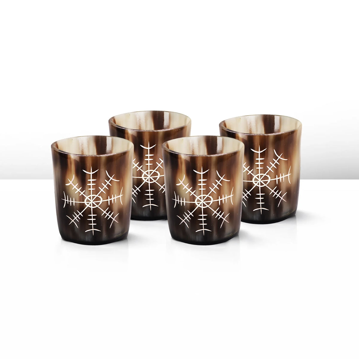 Whiskey Shot Cups Set Nordic Compass Pattern Real Ox Horn 6.5 oz, Pack 4, 8 &amp; 12