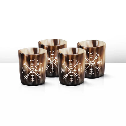 Whiskey Shot Cups Set Nordic Compass Pattern Real Ox Horn 6.5 oz, Pack 4, 8 &amp; 12