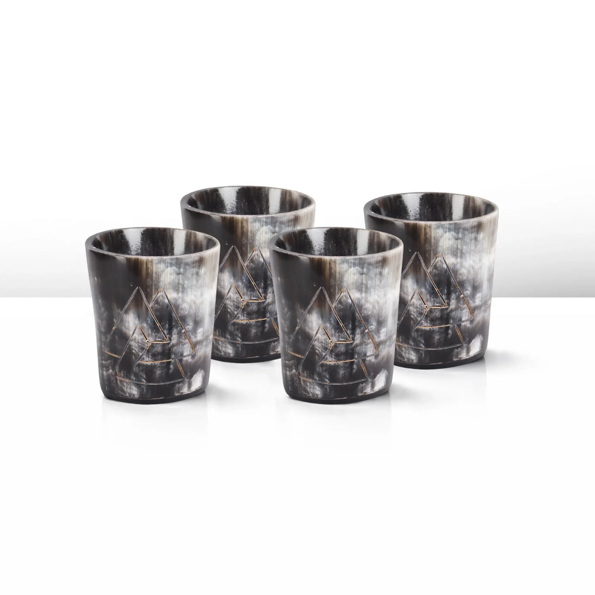 Whiskey Shot Cups Set Odin Pattern Real Ox Horn 6.5 oz, Pack 4, 8 &amp; 12