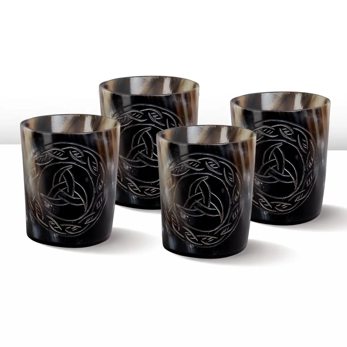 Whiskey Shot Cups Set Eternal Pattern Real Ox Horn 6.5 oz, Pack 4, 8 &amp; 12