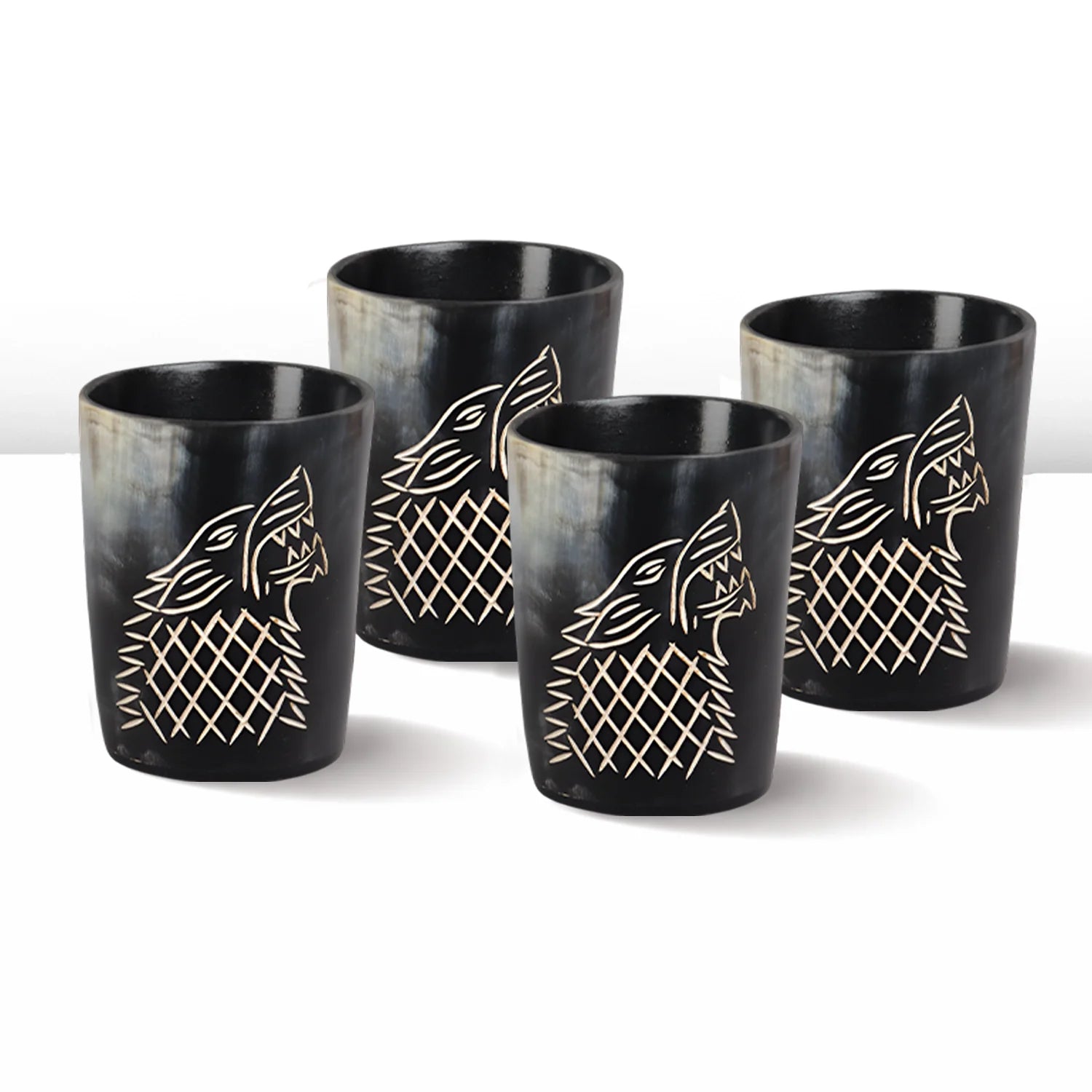 Whiskey Shot Cups Set Viking Wolf Pattern Real Ox Horn 6.5 oz, Pack 4, 8 &amp; 12