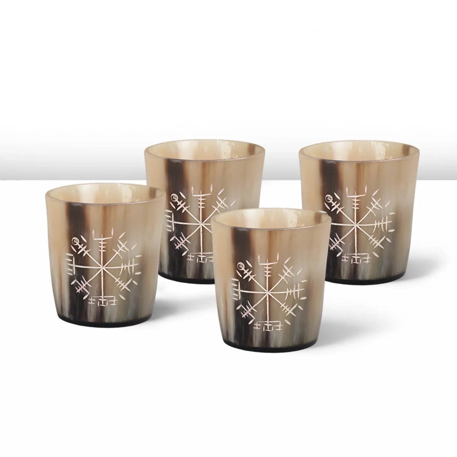 Whiskey Shot Cups Set Wayfinder Pattern Real Ox Horn 6.5 oz, Pack 4, 8 &amp; 12