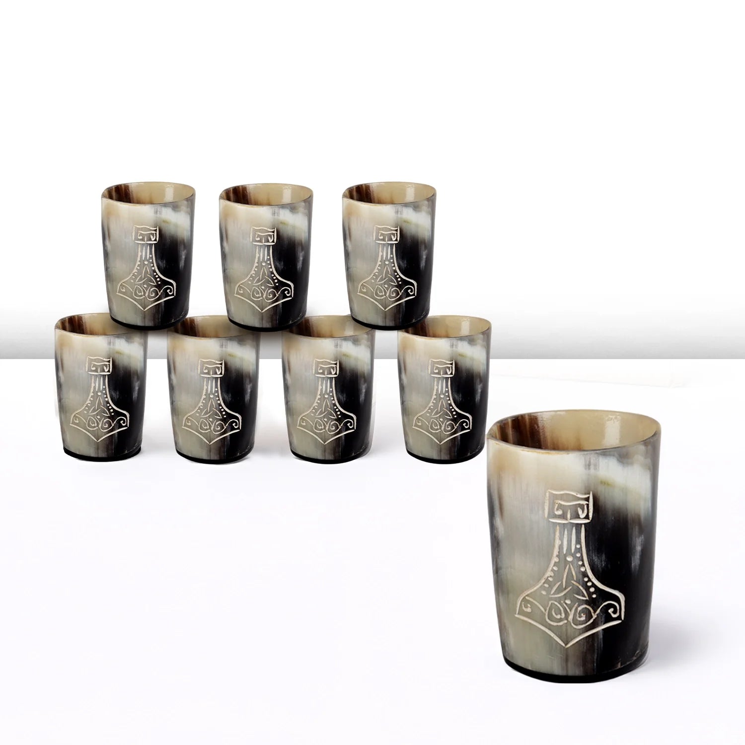 Whiskey Shot Cups Set Nordic Hammer Pattern Real Ox Horn 6.5 oz, Pack 4, 8 &amp; 12
