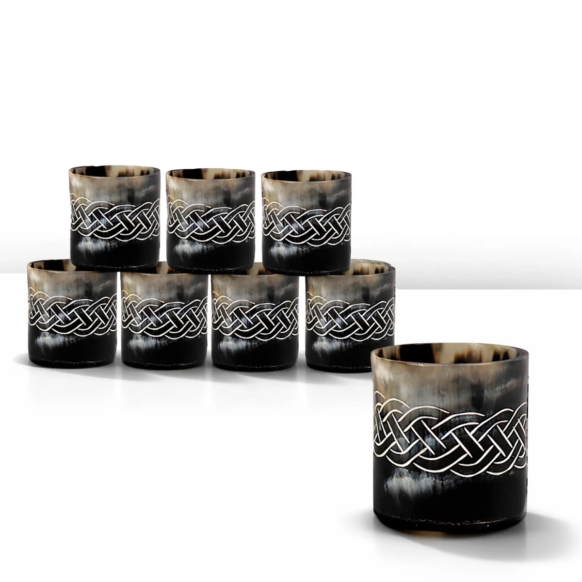 Whiskey Shot Cups Set Knot Pattern Real Ox Horn 6.5 oz, Pack 4, 8 &amp; 12