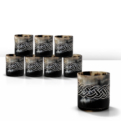 Whiskey Shot Cups Set Knot Pattern Real Ox Horn 6.5 oz, Pack 4, 8 &amp; 12