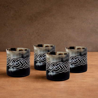 Whiskey Shot Cups Set Knot Pattern Real Ox Horn 6.5 oz, Pack 4, 8 &amp; 12