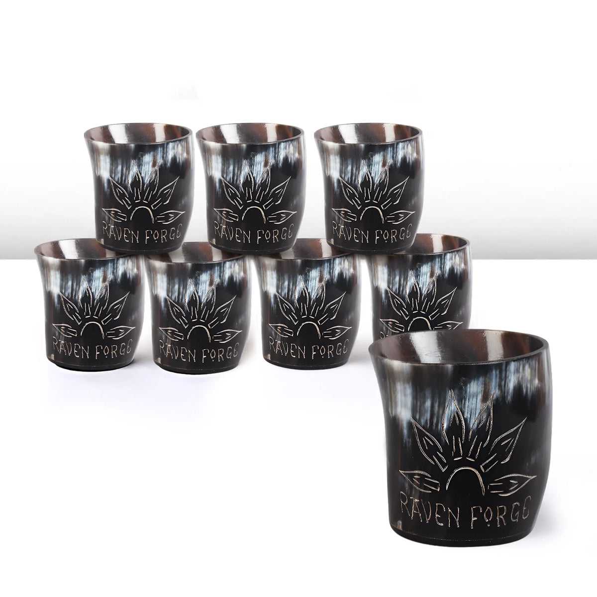 Whiskey Shot Cups Set Sunburst Pattern Real Ox Horn 6.5 oz, Pack 4, 8 &amp; 12
